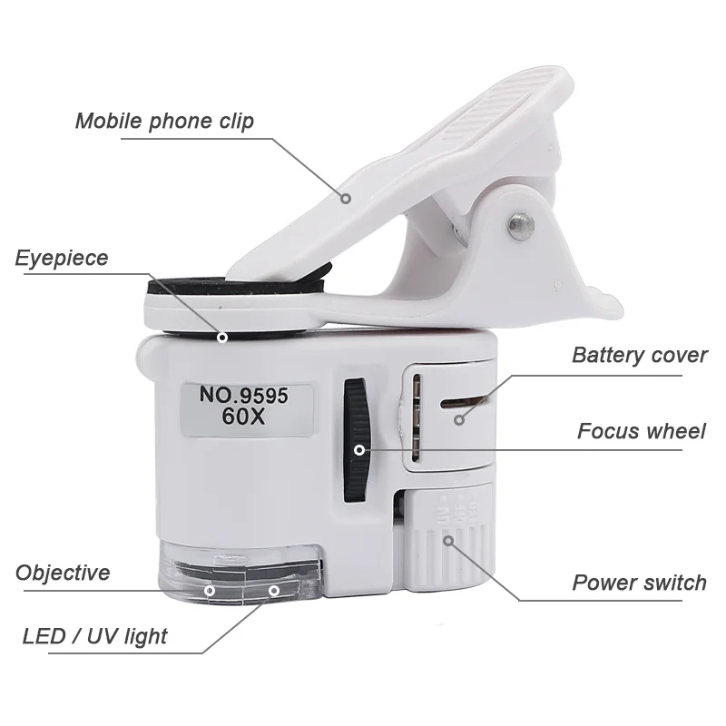 

Portable Microscope 60X Mobile Phone Clip Money Detector Optical Magnifying Glass Portable Antique Jewelry Optical Microscope