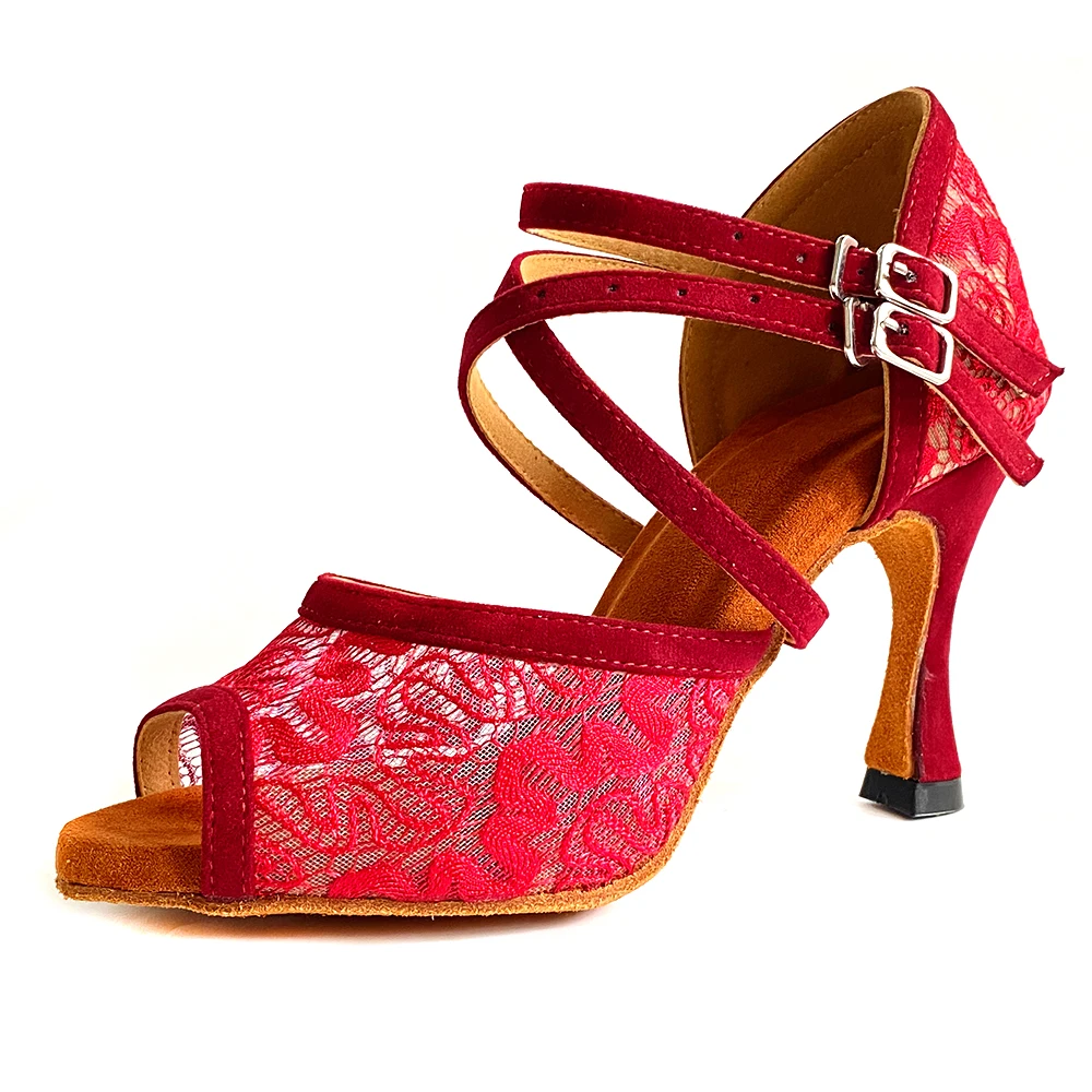 Latin Ballroom Dance Shoes Sexy Party Dance Shoes Cuban Heel 9cm  8cm 7cm New Style Red Lace Salsa Dance Shoes in Suede Outsole