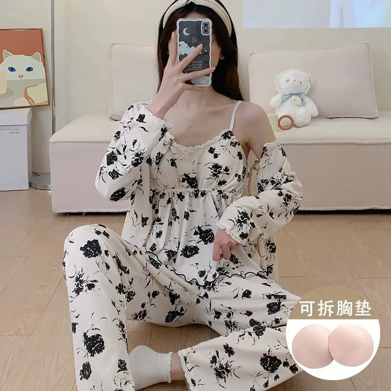 

2023 Spring Autumn 3PCS Sexy Lingerie Spaghetti Strap Cotton Pajama Sets For Women Sleepwear Homewear Pijama Mujer Home Clothes