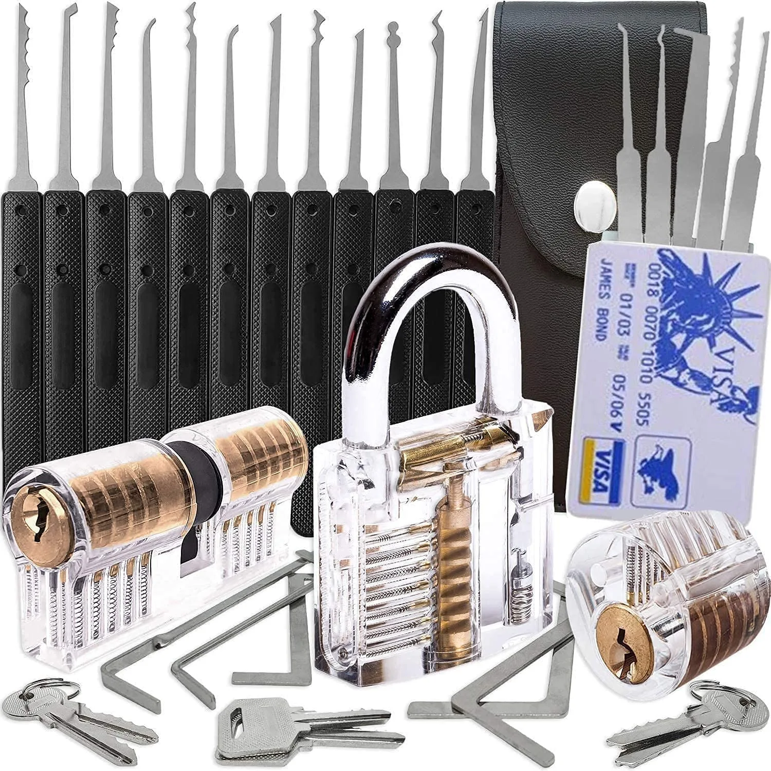 

unlocking kit tools with transparent training padlocks and key extraction tools