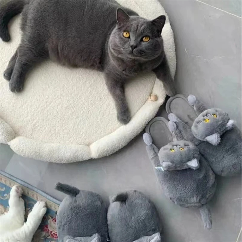 Плюшевые хлопковые тапочки в виде кота для девочек зимние теплые деревянного