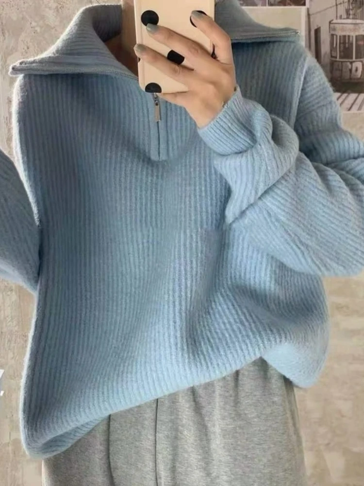 Women Sweater Oversize Zipper Knitted Pullover Long Sleeve Solid Color Loose Ladies Sweaters Autumn Winter Women's Turtleneck images - 6