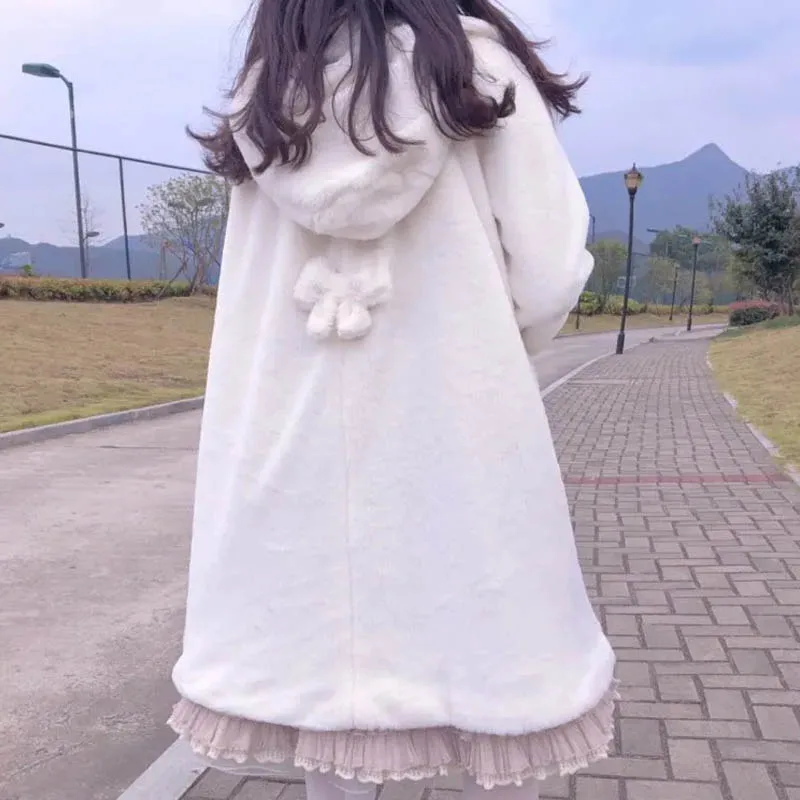 2023 Winter Japanese Lolita Coat WomenKawaii Faux Rabbit Furry Cute Padded Warm Fake Fur Coat Soft Sister Cute Plush Shawl Over