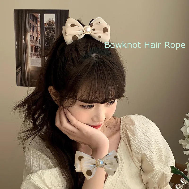 

Organza Wave Point Style Scrunchies Pearl Bowknot Rubber Band Head Ties Girl Bun Hair Rope Elastic Ponytail Holder For Women