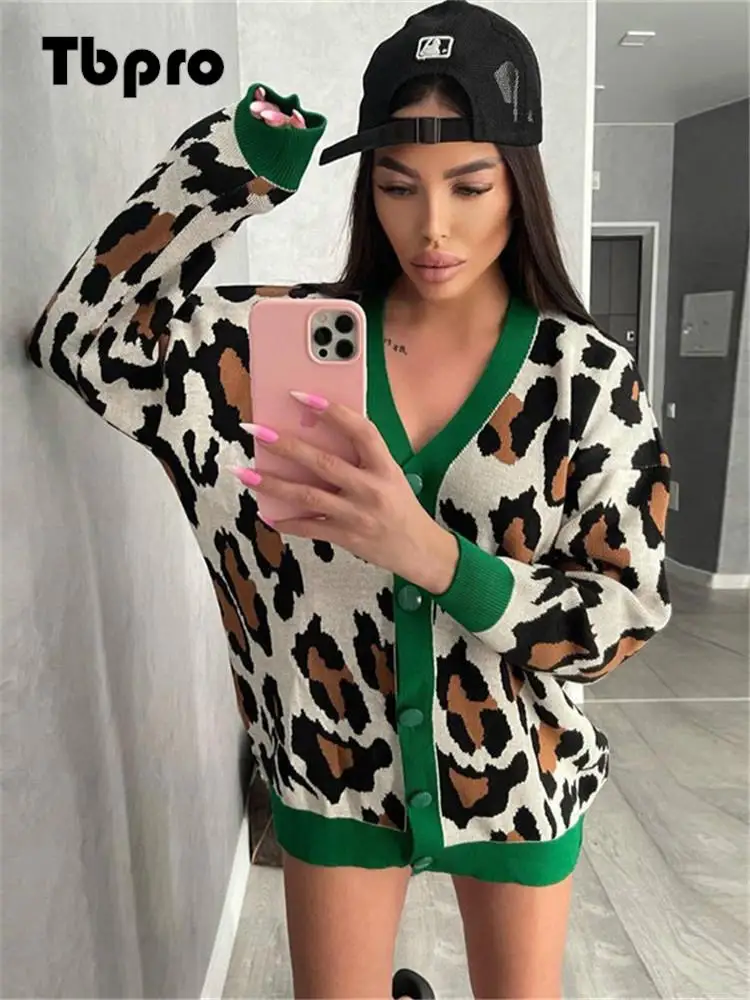 

Leopard Print Knitted Cardigan Sweater Female V Neck Long-sleeve Button Up Knitwear 2022 Autumn Thick Warm Female Loose Sweater