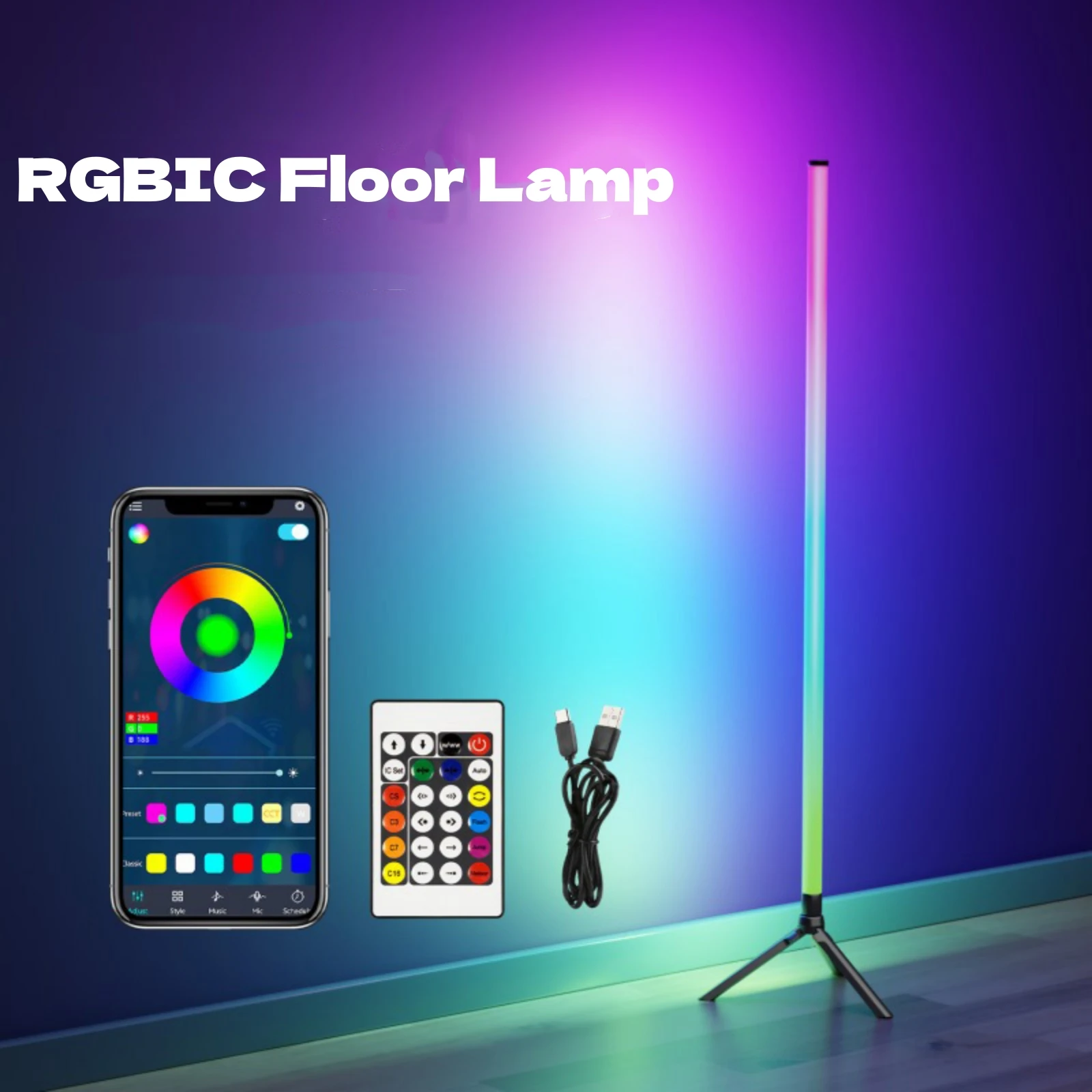 Фото 360 °   Торшер с регулируемой яркостью, 103 см, RGB USB-подсветка для игр, гостиной, спальни, угловой светильник с приложением Bluetooth и пультом дистанционного управления №2