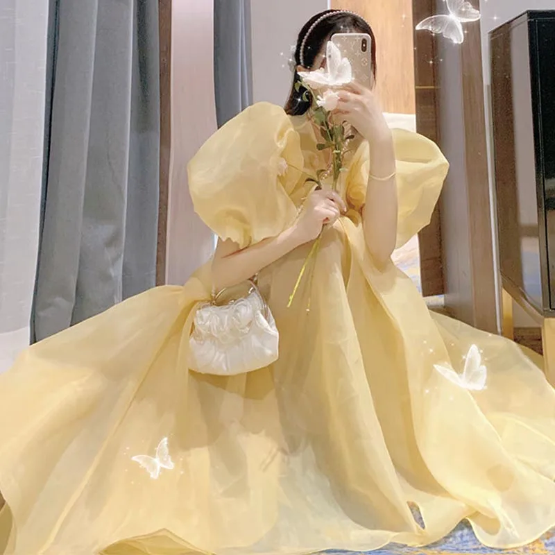 

Sweet Kawaii Dress Women Elegant Fairy Party Midi Dress French Retro Female Yellow Puff Sleeve Cute Korean Dress Summer 2023 New
