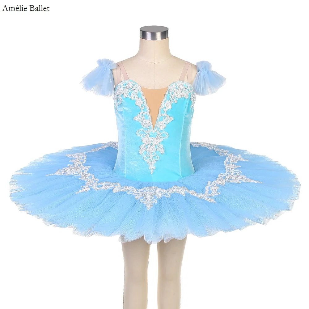 

BLL512 Aqua Blue Velvet Bodice with Sky Blue Pancake Tutu and White Trim Decorated Girls & Women Pre-professional Ballet Tutu