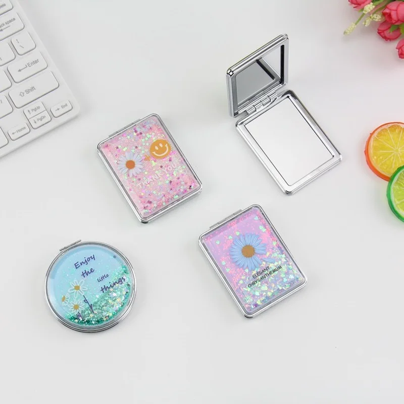 Двустороннее зеркало для макияжа L104 портативное косметическое с блестками и