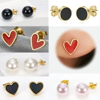 new niche design light luxury sweet temperament red and black love pearl ladies earrings elegant titanium steel jewelry