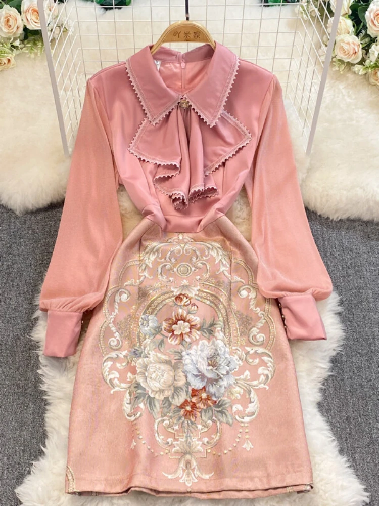 Женское винтажное короткое платье с длинным рукавом элегантное розовое