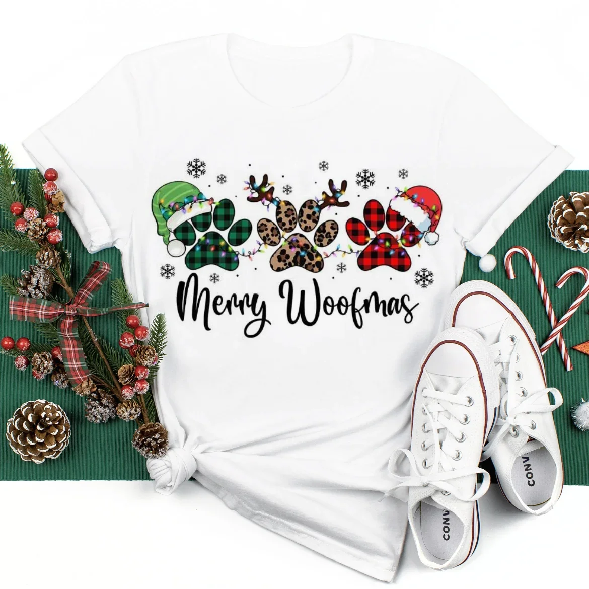 Винтажная новогодняя футболка с принтом Merry Woofmas Santa Hat модная женская и круглым