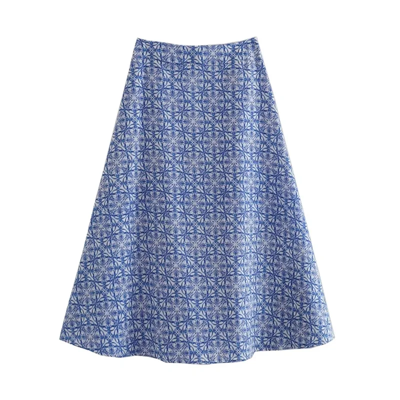 

TRAF Print Half Length Skirt For Woman 2023 Summer Korean Style Blue Contrasting Invisible Back Zip A-line Skirts Crop Tops Sets