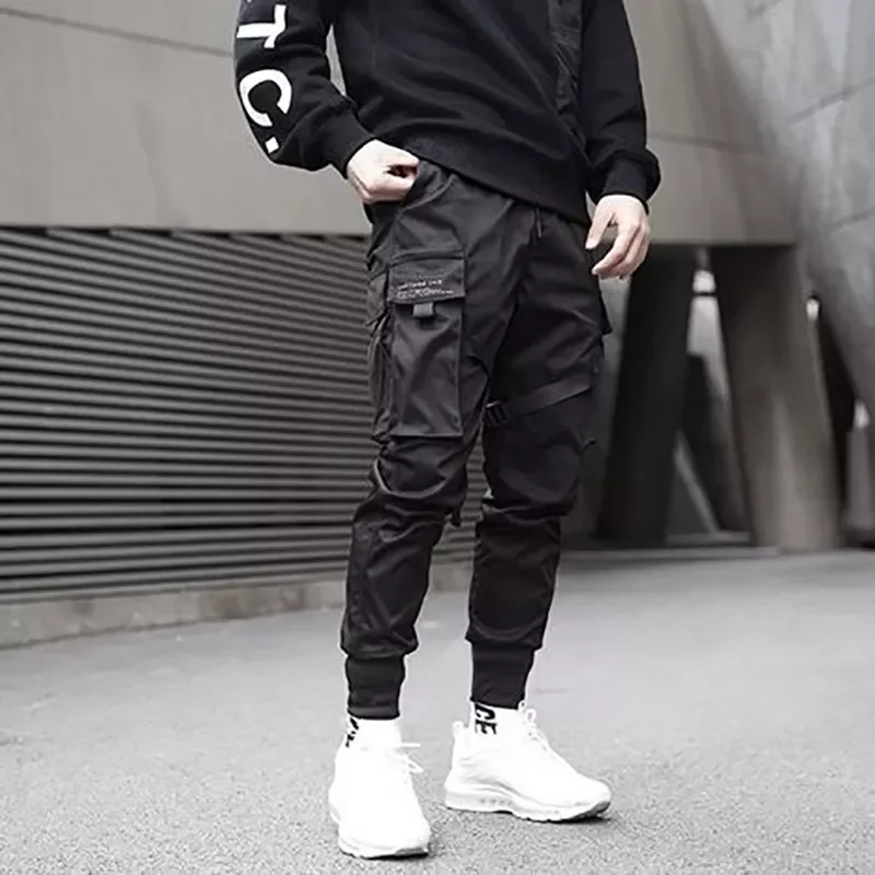 

New2022 Hop Trousers Men Ribbons Color Block Black Pocket Cargo Pants Harem Joggers Harajuku Sweatpant