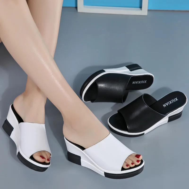 

New Women Sandals 2022 Summer Leather Shoes Woman Wedges Fashion Platform Female Slides Shoes Peep Toe Zapatos Mujer