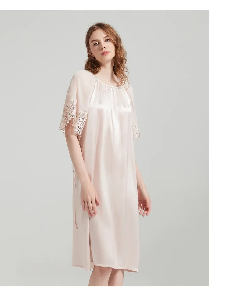 Пижамы из 100% натурального шелка шелковицы шелковая ночная рубашка с кружевными
