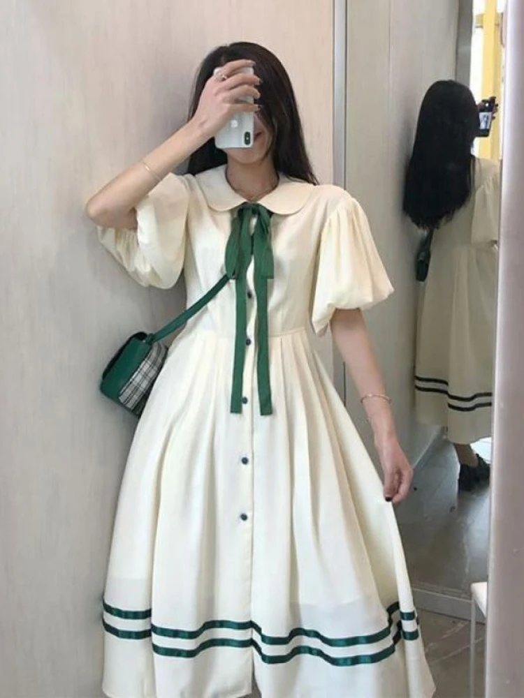 

Japan Kawaii Girl White Dress Preppy Style Peter Pan Collar Bow Bandage Lolita Dress Soft Sister Vestidos All-match Sailor Dress