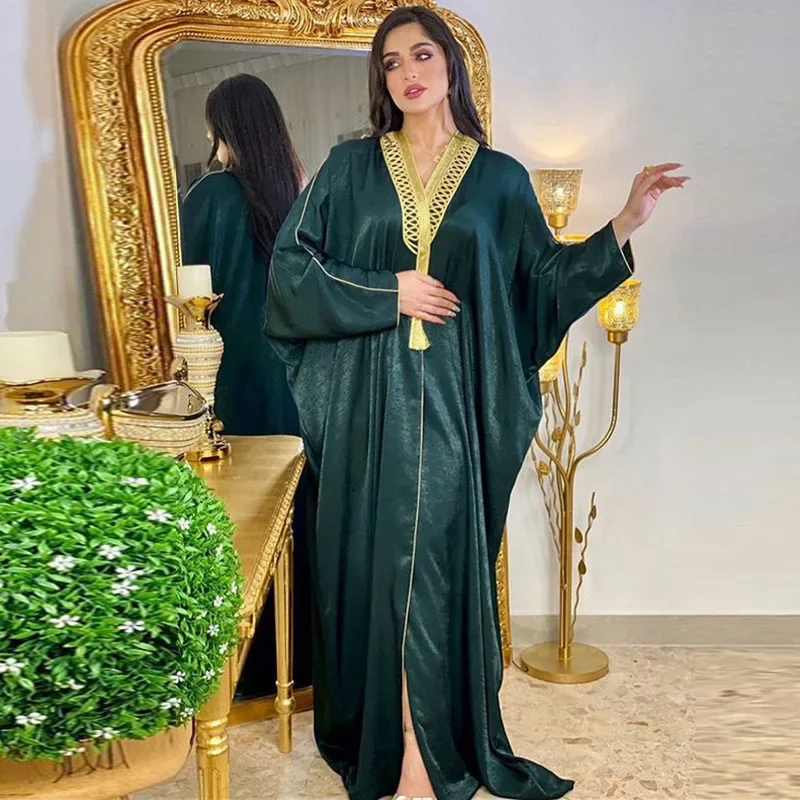 Фото Vestido Ropa De Mujer Envio Gratis Eid Abayas Женское атласное платье Рамадана Мусульманская мода Американская одежда Халат с рукавами «летучая мышь» №4