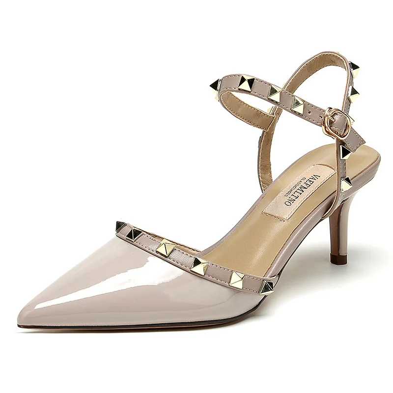 

Женские туфли с заклепками на высоком каблуке, Новая летняя обувь, универсальные туфли на тонком каблуке, туфли с одним носком, открытые сандалии из натуральной кожи f