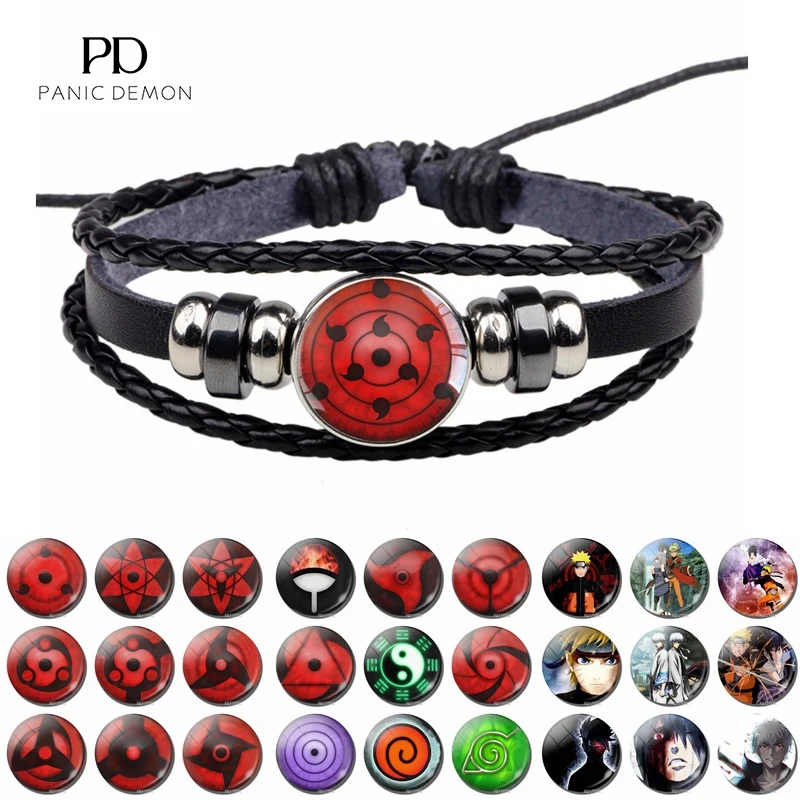 

Naruto Hot Blood Anime Writing Wheel Eyes Black Leather Men's and Women's Couple Knitted Bracelets Boys' Birthday Gift Jewelry