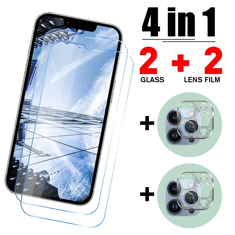 

4IN1 Tempered Glass for iPhone 13 12 11 Pro Max Screen Protector for iPhone 7 8 6S 6 Plus 13 12 Mini X XR Xs Max SE 2020 Glass