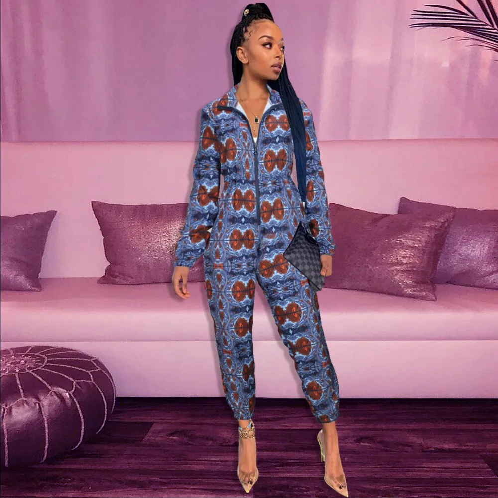 

Женский цельный комбинезон на молнии, повседневный комбинезон с длинным рукавом и принтом, пикантный женский комбинезон, длинные брюки, хал...