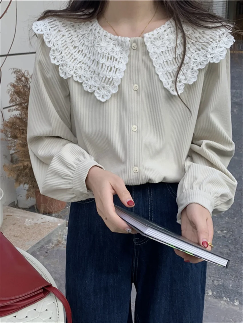 

Alien Kitty Corduroy Sweet Shirts Women Hot Full Sleeves Spring 2022 Lace Lady Peter Pan Collar New OL Chic Mujer Blouses