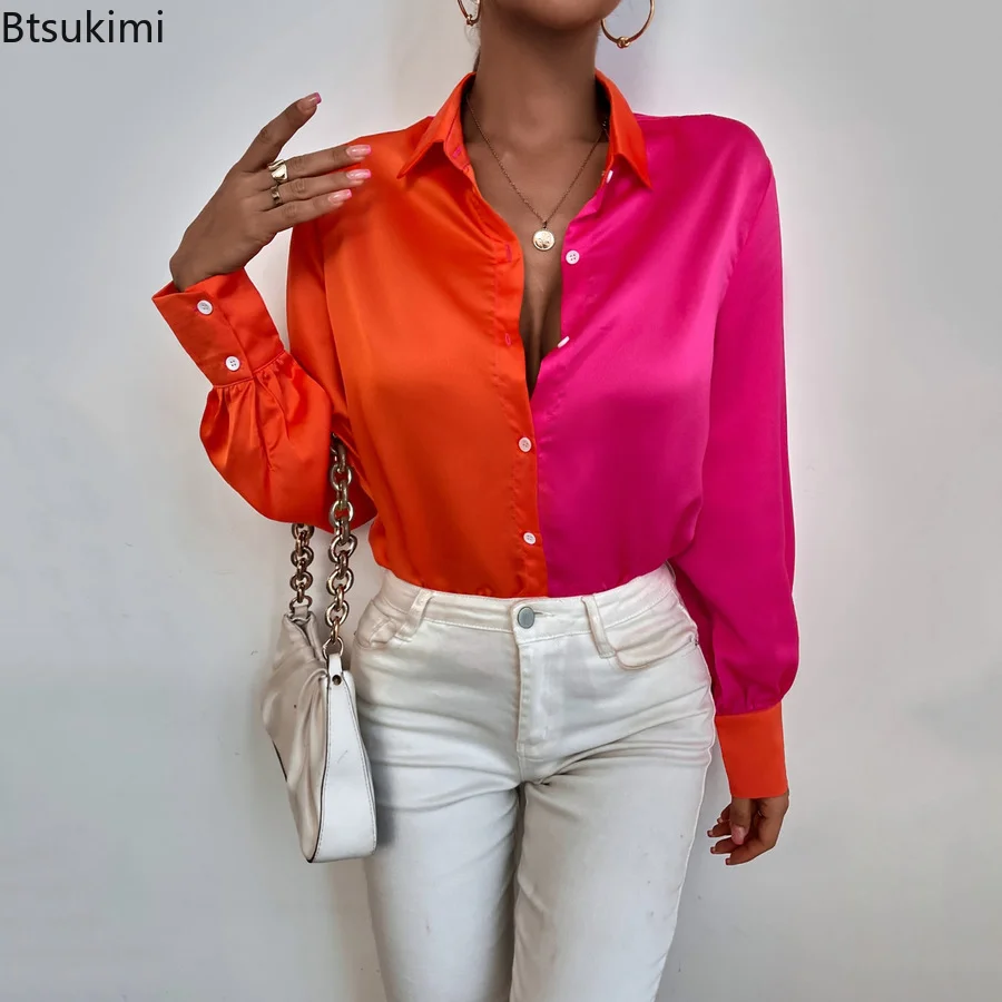 

High-end Shirts for Women Color Matching Satin Elegant Office Ladies Blouses Y2k Korean Long Sleeve Patchwork Casual Tops Female