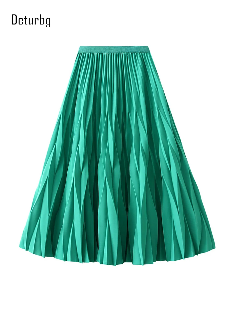 

Women's Diamond Pleated Midi Skirt Korean Fashion Female Elastic High Waist Stereoscopic Flowy A-Line Skirts 2022 Summer K106