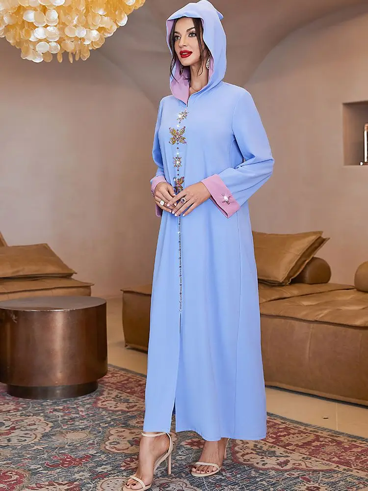 Модное абайя с капюшоном со стразами, Дубай, Турция, исламское мусульманское платье, женский халат, женский сарафан, марокканский вечерний н...