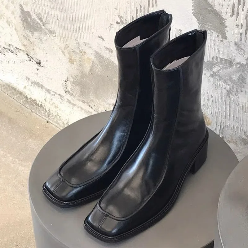 

Jenny&Dave Autumn Boots Women French Fashion Blogger Vintage Square Toe Leather Chelsea Boots Commuter Casual Zipper Biker Ankle