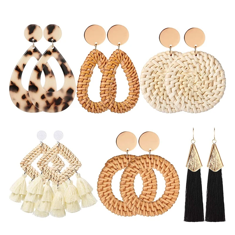

6 Pairs Women Handmade Rattan Earrings Statement Acrylic Earrings Geometric Straw Earrings Tassel Earrings