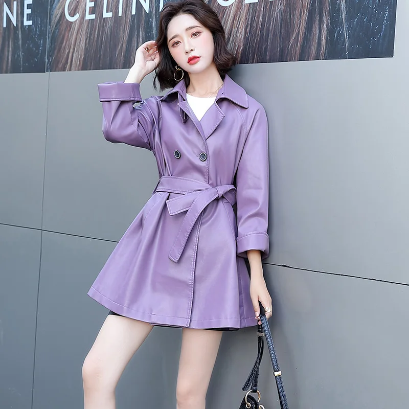 New Women Leather Trench Coat Spring Autumn Single Breasted Adjustable Waist Loose Sheepskin Coat Casual Jacket Split Leather
