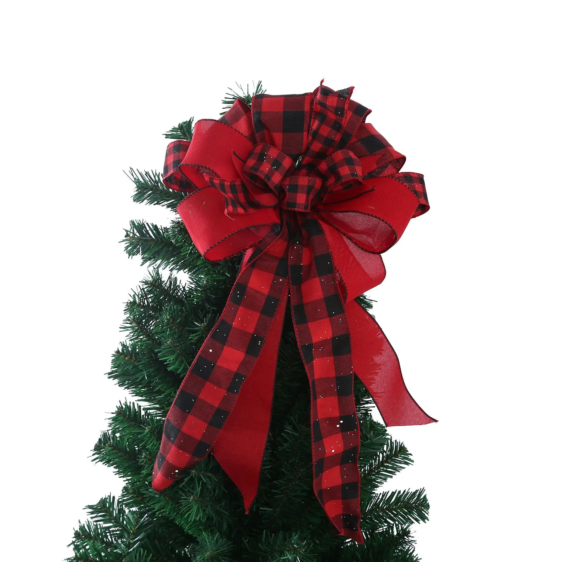 

2022 New Year Large Christmas Tree Top Decorative Bows Handmade Linen Plaid Bowknot Long Tail Bows Christmas Decoration for Home