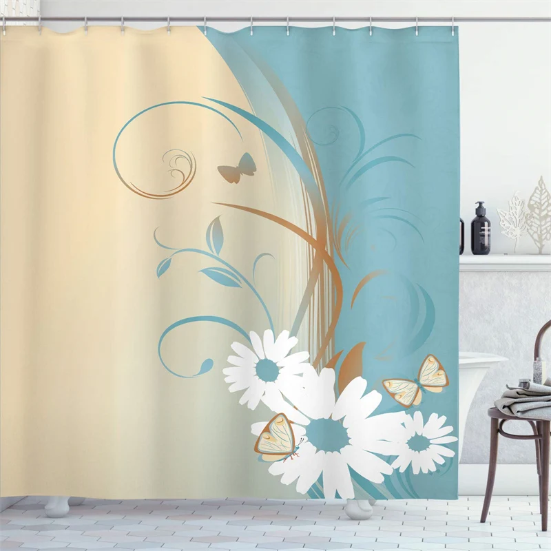 

Gradient Shower Curtain Liner Flying Butterflies Chamomile Nature Style Fabric Shower Curtain Waterproof Bath Curtain with Hooks