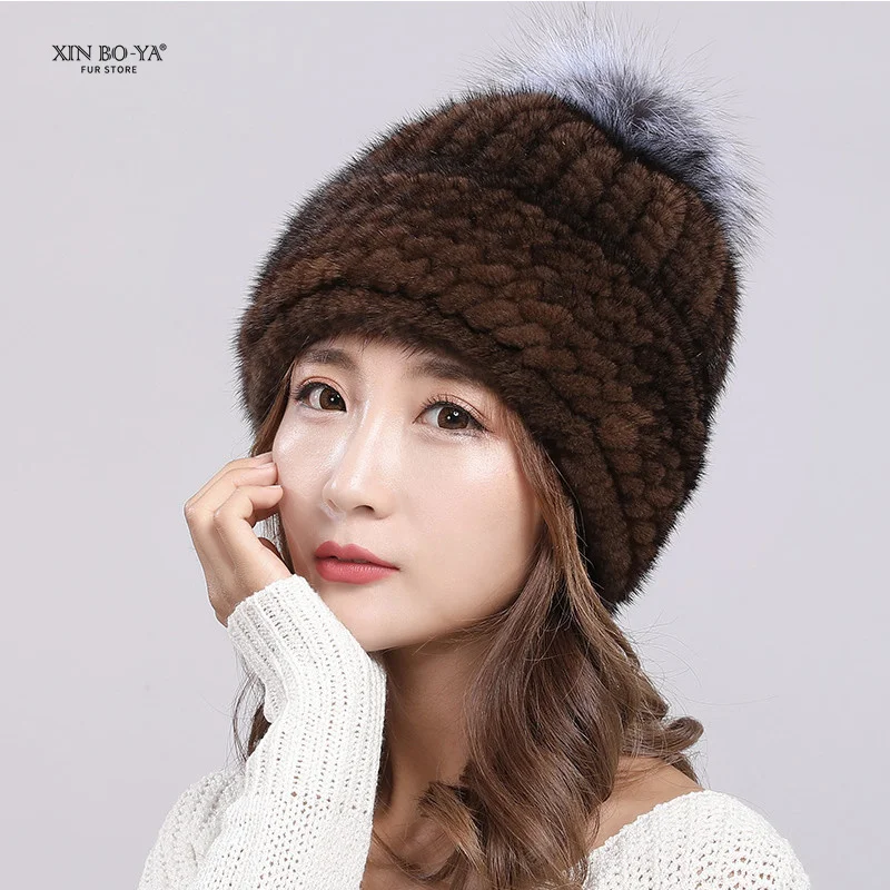 Mink Hat Knitted Caps For Women 2022 Fur Hat Russian Winter With Fox Fur Pompom Hats For Women Mink Fox Hat Free Shipping