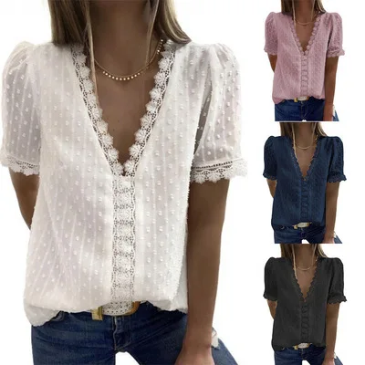 Meltryllis New 2022 European and American Sexy Pop V-neck Short Sleeve Splicing Home Lace Chiffon Top Female Fashion