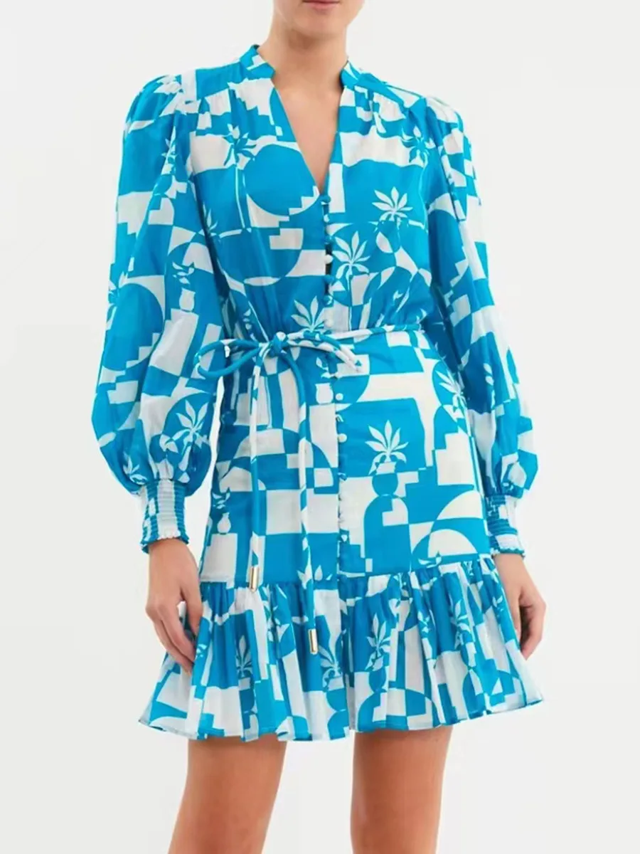 

Новинка 2023, модное Стильное дизайнерское женское платье с воротником-стойкой и рукавами-фонариками, со шнуровкой и принтом