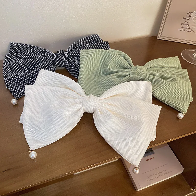 

Korean Solid Color Big Cloth Bowknot Hairgrips For Women Pearl Decorated Hairpins Hair Clips Accessories Wholesale