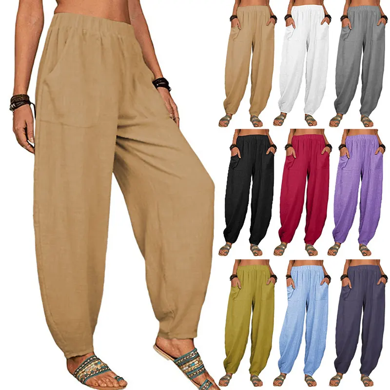 

Брюки-султанки женские из хлопка и льна, повседневные винтажные широкие штаны с эластичным поясом, в стиле ретро, с карманами, модные, лето