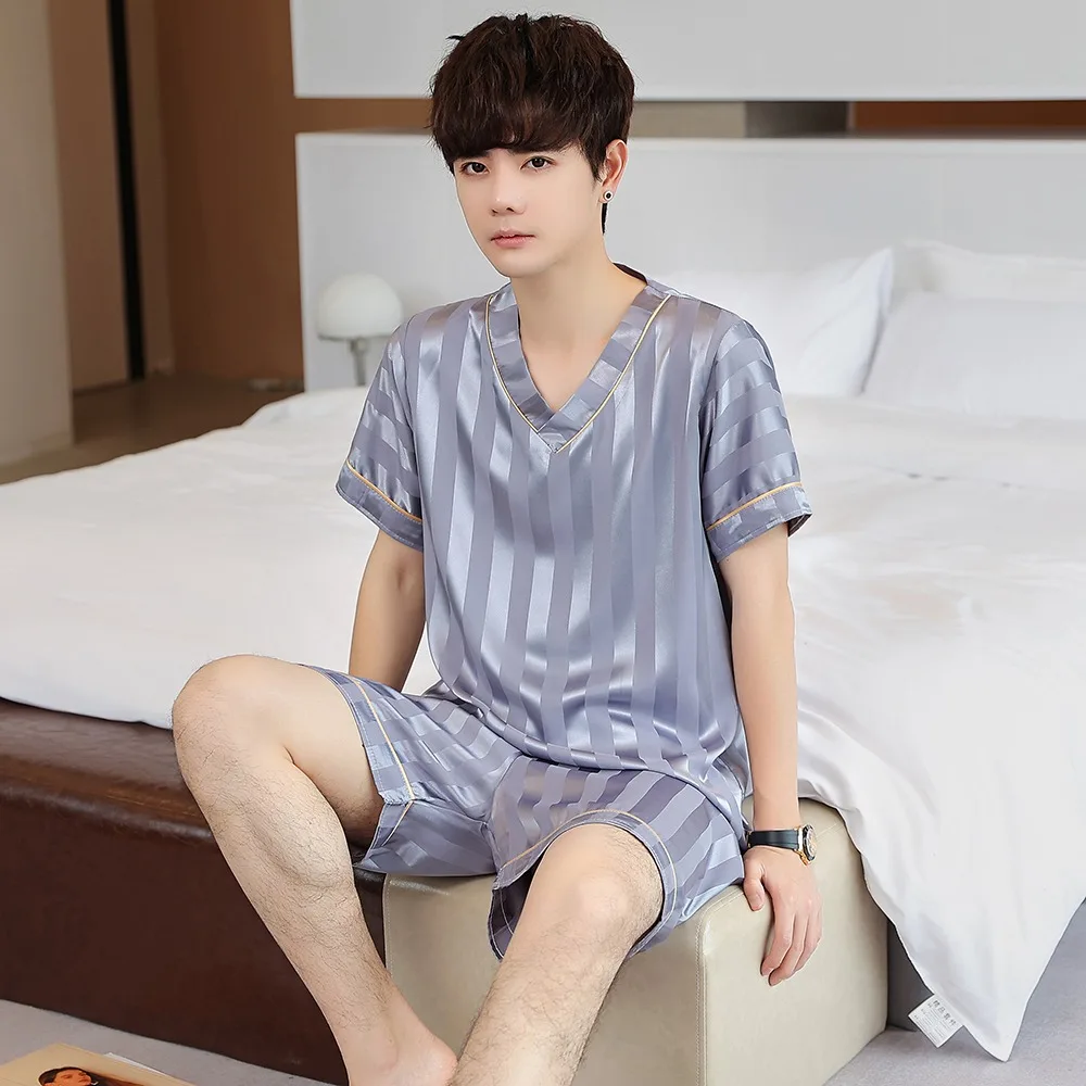 Summer pajamas men's new jacquard short-sleeved v simulation silk casual simple homewear rayon shorts 2-piece men's pajamas