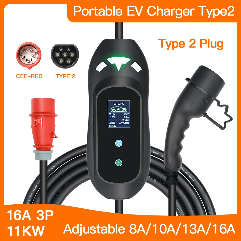 

Portrable EV Charger Type2 New Upgrade Fast Charging Cable 8-16A Adjustable with CEE Plug 5 Meters Electric Vehicle Charger