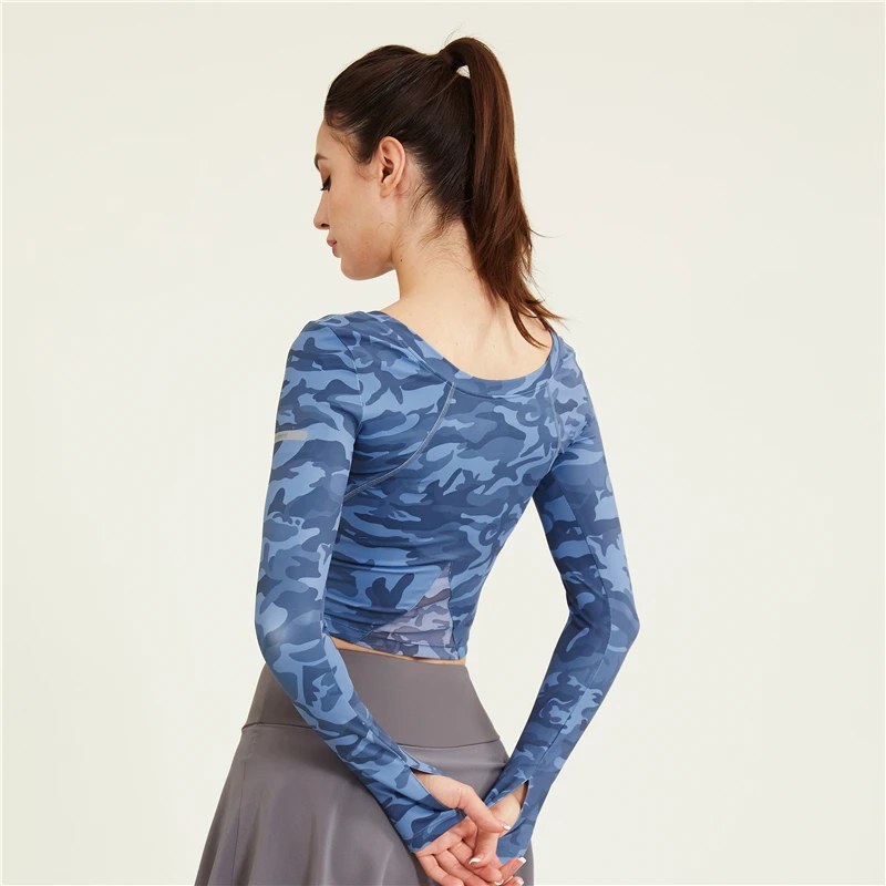 Vansydical Sexy Women Camouflage Sport Shirts High Elastic Gym Yoga Tops Running Breathable Long Sleeve T-Shirts Tie Dye Top