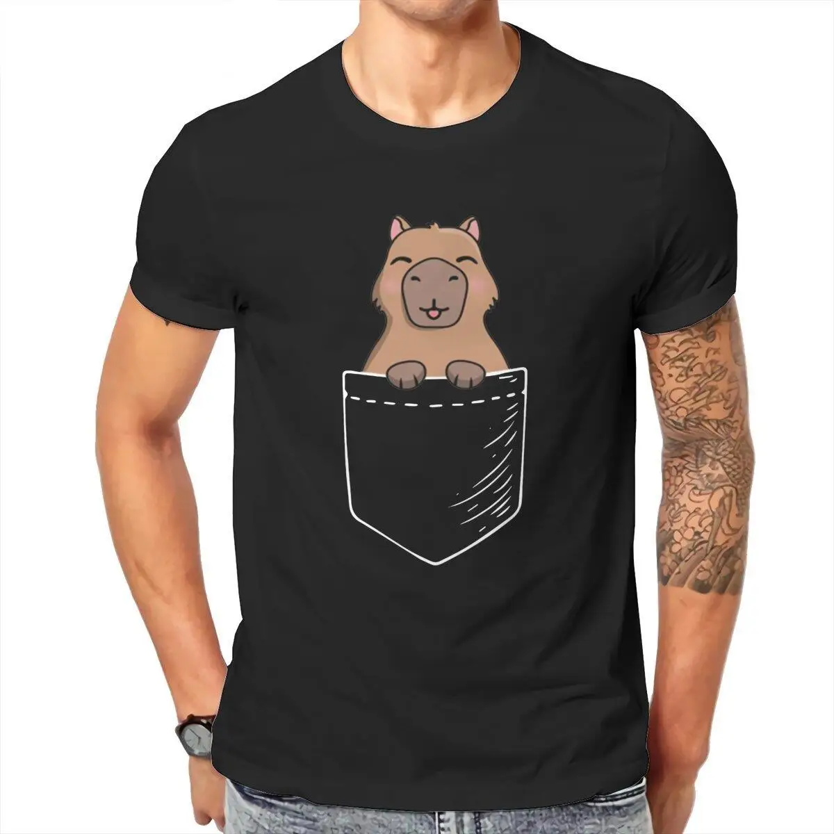 Men's Capybara Pocket  T Shirt  100% Cotton Clothes Creative Short Sleeve Round Collar Tees Unique T-Shirts