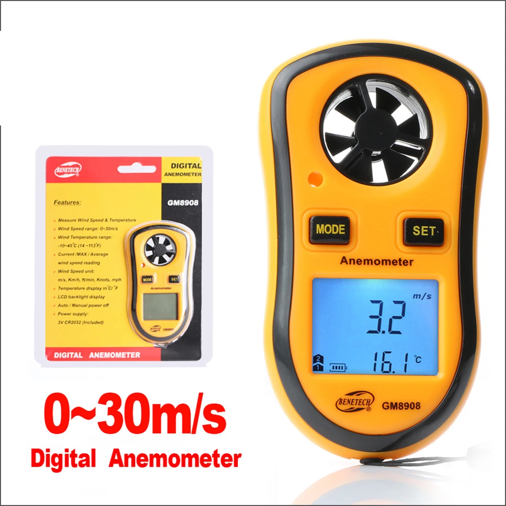 

BENETECH GM8908 Anemometer Digital Handheld Wind Speed Gauge Meter Air Velocity Temperature Anemometer 0-30m/s Wind Speed Meter