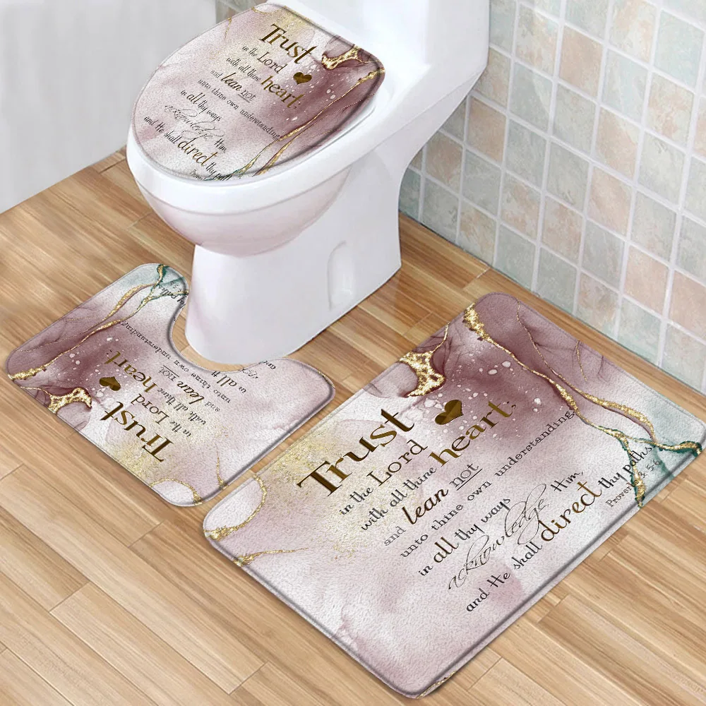 

Marble Bath Mat Set Abstract Ink Paint Inspirational Faith Scripture Quotes Pile Flannel Bath Rug Toilet Cover U-Shaped Carpet