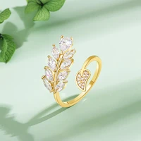 trendy fine 14k real gold leaf opening rings for women adjustable design high quality jewelry aaa zircon anniversary party gift