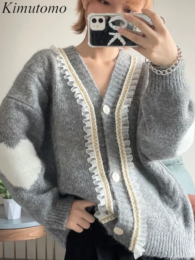 

Женский жаккардовый кардиган с V-образным вырезом и кружевом