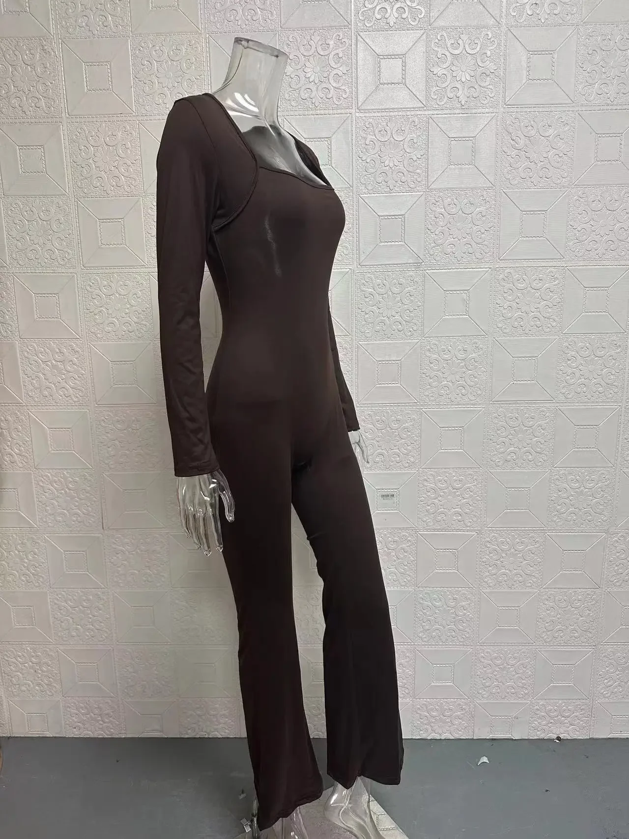 Foreign trade women's long sleeved waist cinching and lifting square collar wide leg high elastic jumpsuit