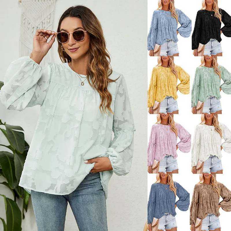 

2022 Women's Tops Lantern Sleeves Round Neck Floral Ruched Shirts Autumn Chiffon Shirts